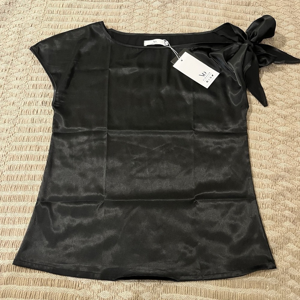 NWT Black Off-Shoulder Blouse‎ Bow-Tie Women S Old Money Elegant Cocktail Party